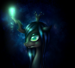 Size: 2000x1823 | Tagged: safe, artist:askskullyy, queen chrysalis, changeling, changeling queen, g4, crown, female, glowing, glowing horn, horn, jewelry, portrait, regalia, solo