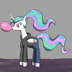 Size: 1024x1024 | Tagged: safe, artist:shirokusakabe, princess celestia, g4, bubblegum, clothes, female, hoodie, jeans, solo