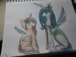 Size: 2048x1536 | Tagged: safe, artist:askqueenchrysalisxx, queen chrysalis, oc, oc:poisoned soul, changeling, changeling queen, g4, female, traditional art