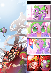 Size: 719x1017 | Tagged: safe, artist:sweetsound, spike, g4, 4koma, buzz lightyear, chocola, comic, crossover, don dracula, explosion, flandre scarlet, hong meiling, ling xiaoyu, male, pixiv, touhou, toy story, woody