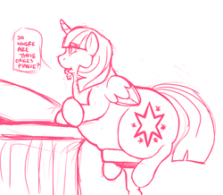 Size: 2584x2254 | Tagged: safe, artist:fatponi, twilight sparkle, alicorn, pony, g4, chubby cheeks, counter, dialogue, fat, female, high res, implied pinkie pie, lineart, mare, monochrome, offscreen character, profile, sketch, solo, speech bubble, stool, stretched cutie mark, twibutt, twilard sparkle, twilight sparkle (alicorn)