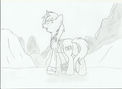 Size: 1024x745 | Tagged: safe, artist:candy-muffin, oc, oc only, oc:littlepip, pony, unicorn, fallout equestria, black and white, clothes, fanfic, fanfic art, female, grayscale, jumpsuit, mare, monochrome, pipbuck, solo, traditional art, vault suit, wasteland
