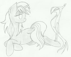Size: 1024x821 | Tagged: safe, artist:candy-muffin, oc, oc only, oc:pyrelight, oc:velvet remedy, balefire phoenix, phoenix, pony, unicorn, fallout equestria, black and white, fanfic, fanfic art, female, grayscale, hooves, horn, lying down, mare, monochrome, pencil drawing, prone, simple background, traditional art, white background