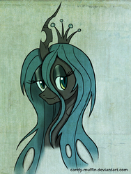 Size: 1024x1365 | Tagged: safe, artist:candy-muffin, queen chrysalis, changeling, changeling queen, g4, bust, crown, female, jewelry, portrait, regalia, smiling, solo