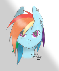 Size: 1000x1200 | Tagged: safe, artist:candy-muffin, rainbow dash, pegasus, pony, g4, bust, ear piercing, female, gradient background, looking at you, mare, piercing, portrait, signature, solo