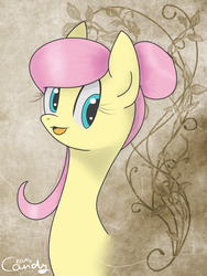 Size: 750x1000 | Tagged: safe, artist:candy-muffin, fluttershy, pony, g4, abstract background, bust, female, impossibly long neck, mare, portrait, solo