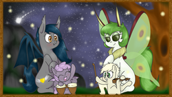 Size: 1920x1080 | Tagged: safe, artist:silver1kunai, oc, oc only, oc:actias, oc:falsetto, oc:sirocca, oc:speck, bat pony, earth pony, firefly (insect), mothpony, original species, pony, :t, blushing, bongos, cute, eyes closed, female, filly, grin, happy, hoof hold, musical instrument, open mouth, sitting, smiling, spread wings, underhoof, violin, wide eyes
