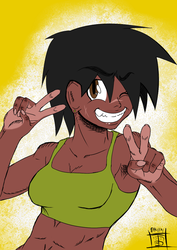 Size: 827x1169 | Tagged: safe, artist:thethunderpony, oc, oc only, oc:roya neighvarre, human, armpits, black hair, dark skin, earring, humanized, smiling, solo, wink