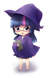 Size: 800x1200 | Tagged: safe, artist:sion-ara, twilight sparkle, human, g4, book, chibi, clothes, female, glasses, hat, humanized, solo, witch, witch hat