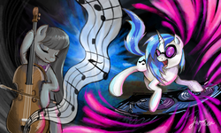 Size: 2500x1500 | Tagged: safe, artist:katyand, artist:sewingintherain, dj pon-3, octavia melody, vinyl scratch, g4, music