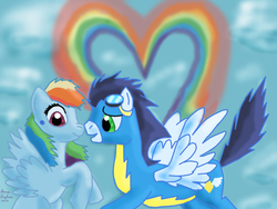 Size: 1000x750 | Tagged: safe, artist:anna-krylova, rainbow dash, soarin', g4, female, heart, male, ship:soarindash, shipping, straight, wonderbolts uniform