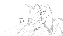 Size: 1280x747 | Tagged: safe, artist:darkflame75, princess luna, bird, lunadoodle, g4, female, flower in hair, monochrome, singing, solo