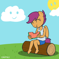 Size: 1000x1000 | Tagged: safe, artist:empyu, scootaloo, anthro, g4, ambiguous facial structure, clothes, cute, cutealoo, eating, eyes closed, female, food, herbivore, log, shorts, sitting, solo, tank top, watermelon