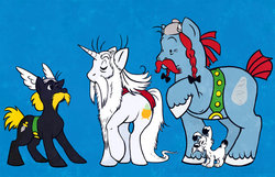Size: 800x516 | Tagged: safe, artist:justasuta, earth pony, pony, unicorn, asterix, asterix and obelix, beard, dogmatix, facial hair, getafix, idéfix, male, moustache, obelix, ponified, stallion