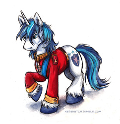 Size: 584x603 | Tagged: safe, artist:kenket, shining armor, pony, unicorn, g4, clothes, messy mane, raised hoof, uniform, unshorn fetlocks