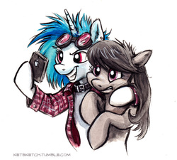 Size: 574x517 | Tagged: safe, artist:kenket, dj pon-3, octavia melody, vinyl scratch, earth pony, pony, unicorn, g4, clothes, collar, female, goggles, lesbian, mare, phone, selfie, ship:scratchtavia, shipping, simple background, smiling, white background
