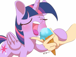 Size: 800x600 | Tagged: safe, artist:sion, twilight sparkle, alicorn, human, pony, g4, disembodied hand, eating, eyes closed, feeding, female, hand, ice cream, mare, open mouth, tongue out, twilight sparkle (alicorn)