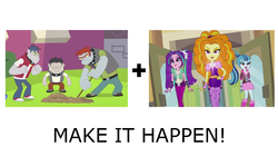 Size: 1440x810 | Tagged: safe, adagio dazzle, aria blaze, fido, rover, sonata dusk, spot, diamond dog, equestria girls, g4, my little pony equestria girls: rainbow rocks, crack shipping, diamond dudes, exploitable meme, female, gem, make it happen, meme, siren gem, the dazzlings