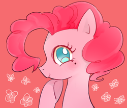 Size: 442x375 | Tagged: dead source, safe, artist:chi-hayu, pinkie pie, earth pony, pony, g4, cute, diapinkes, female, flower, mare, mole, pink background, portrait, profile, simple background, smiling, solo