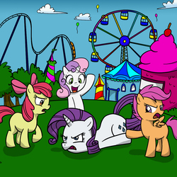 Size: 1000x1000 | Tagged: safe, artist:madmax, apple bloom, rarity, scootaloo, sweetie belle, g4, carnival, colored, cutie mark crusaders, face down ass up, ferris wheel, roller coaster