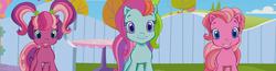 Size: 1839x480 | Tagged: safe, screencap, cheerilee (g3), pinkie pie (g3), rainbow dash (g3), earth pony, pony, g3, g3.5, twinkle wish adventure, female, fence, g3 panorama, mare, panorama, smiling, table, trio