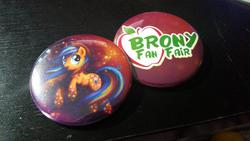 Size: 1024x576 | Tagged: safe, artist:dracontiar, oc, oc only, oc:rising star, 2014, brony fan fair, button, convention, customized toy, irl, photo