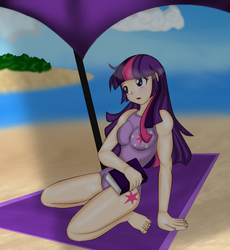 Size: 1469x1599 | Tagged: safe, artist:fourze-pony, twilight sparkle, human, g4, barefoot, beach, beach towel, blushing, book, clothes, cute, feet, female, humanized, kneeling, one-piece swimsuit, open mouth, shade, solo, summer, swimsuit, water, wip