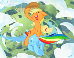 Size: 3500x2719 | Tagged: safe, artist:lajkucyk, artist:php27, applejack, rainbow dash, pony, g4, applejack riding rainbow dash, butt, colored, dr. strangelove, high res, parody, plot, ponies riding ponies, riding, song in the comments, this will end in tears and/or death, underhoof, yeehaw