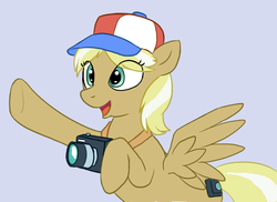 Size: 783x570 | Tagged: safe, long shot, pegasus, pony, g4, background pony, blue background, camera, female, flying, hat, mare, recolor, simple background, solo