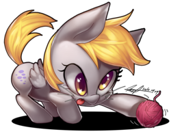 Size: 2442x1916 | Tagged: safe, artist:jggjqm522, derpy hooves, pegasus, pony, g4, behaving like a cat, cute, derpabetes, female, mare, playing, solo, tongue out, yarn