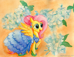 Size: 3413x2652 | Tagged: safe, artist:kelseyleah, fluttershy, pegasus, pony, g4, alternate hairstyle, clothes, dress, ear piercing, earring, female, flower, high res, jewelry, mare, open mouth, piercing, raised hoof, smiling, solo, spread wings, traditional art, wings