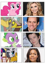 Size: 664x939 | Tagged: safe, discord, pinkie pie, spike, zecora, zebra, g4, asa butterfield, jim carrey, live action cast, naomie harris, sarah chalke