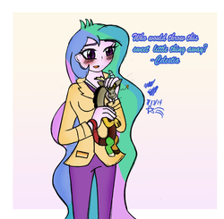 Size: 2396x2352 | Tagged: safe, artist:chibi-n92, discord, princess celestia, principal celestia, equestria girls, g4, blushing, crush plush, dialogue, female, high res, male, plushie, ship:dislestia, shipping, solo, straight