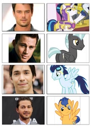 Size: 670x938 | Tagged: safe, flash sentry, shining armor, soarin', thunderlane, pegasus, pony, unicorn, g4, adrien brody, channing tatum, josh duhamel, justin long, keanu reeves, live action cast, male, melving spredler, shia labeouf, stallion