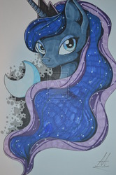Size: 1024x1540 | Tagged: dead source, safe, artist:dreamyartcosplay, princess luna, alicorn, pony, g4, bust, crescent moon, deviantart watermark, female, looking at you, mare, moon, obtrusive watermark, portrait, simple background, solo, watermark