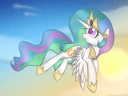 Size: 2048x1536 | Tagged: safe, artist:bumblebeemlp, princess celestia, g4, female, flying, looking back, shooting star, solo