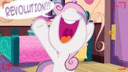 Size: 1280x720 | Tagged: dead source, safe, artist:jan, sweetie belle, ask the crusaders, g4, camera, camera shot, female, fourth wall, nose in the air, revolution, solo, speech bubble, yelling