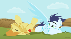 Size: 1280x700 | Tagged: safe, artist:hoverrover, braeburn, soarin', earth pony, pegasus, pony, g4, eyes closed, floppy ears, gay, hooves, legs in air, lineless, male, on back, prone, ship:soarburn, shipping, spread wings, stallion, wings