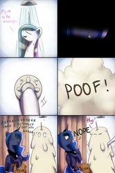 Size: 2410x3620 | Tagged: safe, artist:anticular, princess celestia, princess luna, alicorn, pony, ask sunshine and moonbeams, g4, comic, duo, duo female, female, flour, fly me to the moon, high res, mare, nope, prank, shower, tumblr, wet, wet mane