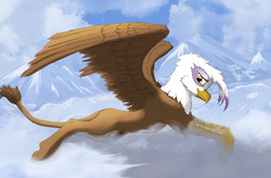 Size: 1280x838 | Tagged: safe, artist:lucky dragoness, gilda, griffon, g4, cloud, cloudy, female, looking at you, lying, mountain, sky, solo