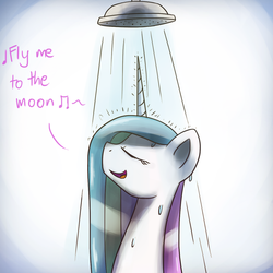 Size: 1200x1200 | Tagged: safe, artist:anticular, princess celestia, alicorn, pony, ask sunshine and moonbeams, g4, eyes closed, female, fly me to the moon, mare, shower, singing, solo, wet, wet mane