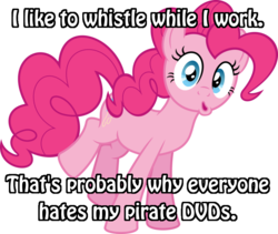 Size: 911x768 | Tagged: safe, artist:psychicwalnut, pinkie pie, g4, caption, image macro, meme, piracy, whistling