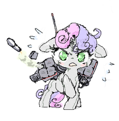 Size: 287x292 | Tagged: safe, artist:toki, sweetie belle, pony, robot, robot pony, unicorn, g4, female, filly, floppy ears, foal, hooves, horn, missile, open mouth, pixel art, rocket launcher, simple background, solo, sweetie bot, weapon, white background