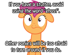 Size: 1017x768 | Tagged: safe, scootaloo, ghost, g4, caption, image macro, meme, stuttering