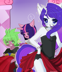 Size: 650x757 | Tagged: safe, artist:shickietan, rarity, spike, twilight sparkle, anthro, g4, ambiguous facial structure, blushing, twilight sparkle (alicorn)