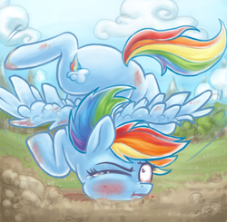 Size: 750x736 | Tagged: safe, artist:mcponyponypony, rainbow dash, pegasus, pony, g4, female, injured, rainbow crash, solo