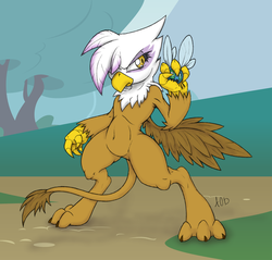 Size: 1044x1000 | Tagged: safe, artist:dfectivedvice, artist:longren, color edit, edit, gilda, griffon, parasprite, semi-anthro, g4, bipedal, colored, female, solo