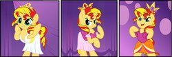 Size: 1280x423 | Tagged: safe, artist:pony-paint, artist:ponypaint, sunset shimmer, pony, unicorn, equestria girls, g4, my little pony equestria girls, bipedal, clothes, crown, dress, equestria girls ponified, fall formal, fall formal outfits, female, looking at you, meme, photo, ponified, prom queen meme, raised hoof, scene interpretation, show accurate, skirt, solo