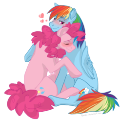 Size: 898x889 | Tagged: safe, artist:kyoichii, pinkie pie, rainbow dash, g4, cute, female, heart, hug, lesbian, ship:pinkiedash, shipping, snuggling