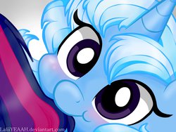 Size: 4896x3672 | Tagged: safe, artist:laliiyeaah, trixie, twilight sparkle, g4, :t, blushing, cute, diatrixes, female, lesbian, looking at you, nom, ship:twixie, shipping, smiling